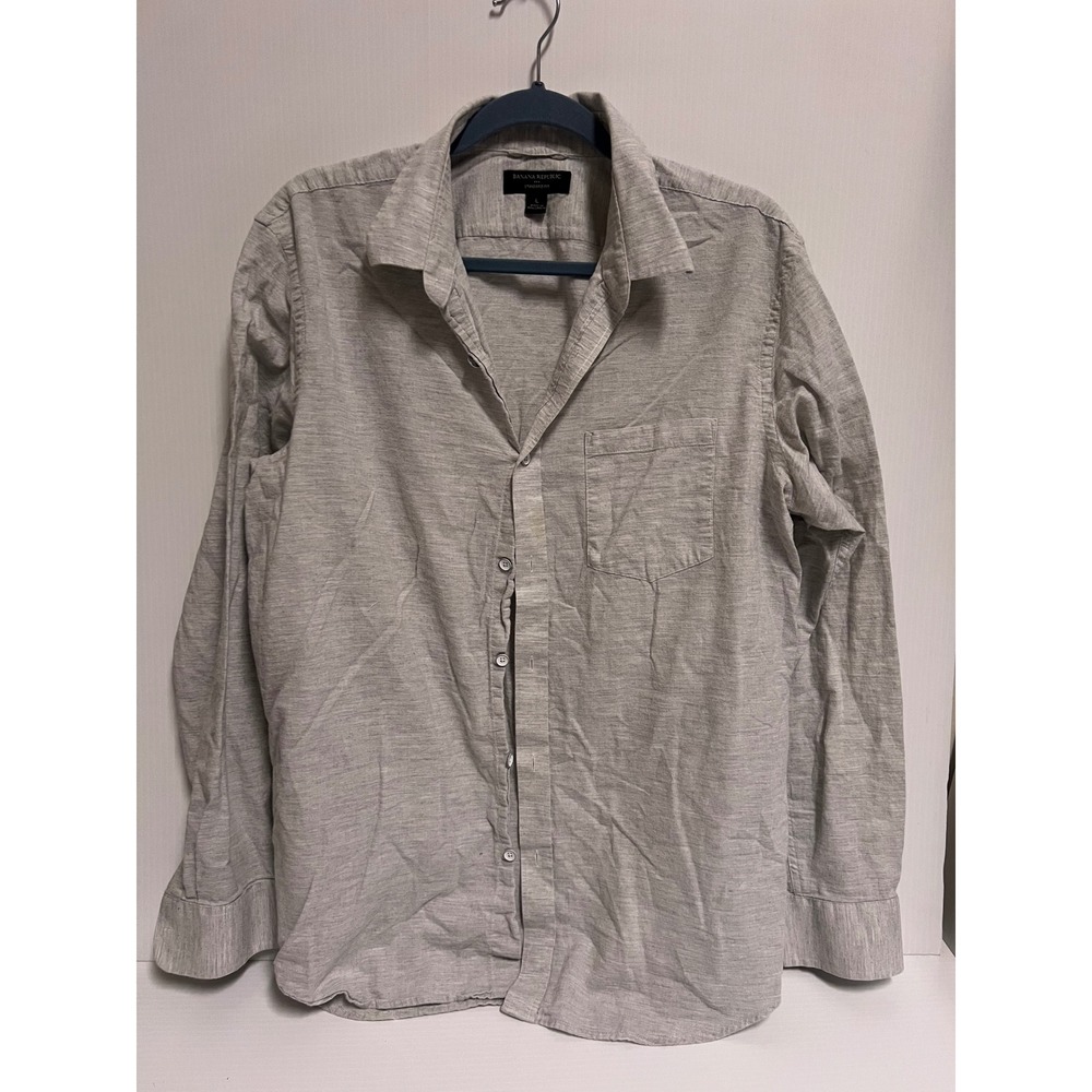 Banana Republic Mens Large Standard Fit Button Down Shirt Gray Cotton Slub L